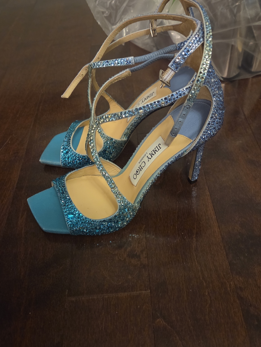 Jimmy Choo Teal and Light Blue Crystal Strappy Stiletto Sandals